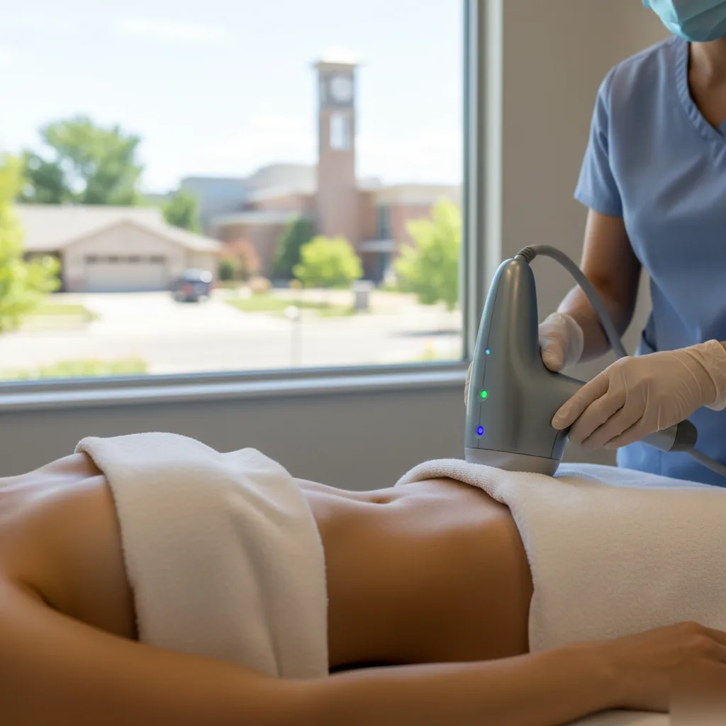 A gloved medical aesthetician performing a non-invasive ultrasound body contouring treatment on a female client's abdomen at a wellness clinic near Alameda International High School.